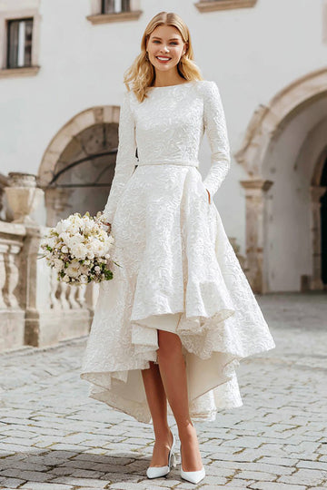 Ivory Jacquard Boat Neck A Line Registry Office Wedding Dress